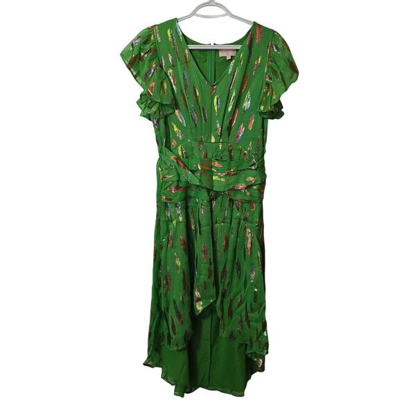 Ciebon Palmina Metallic Leaf Print High-Low Dress in Lime Medium - Picture 3 of 6